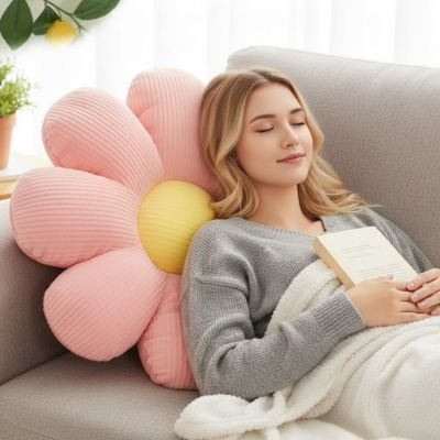 Coussin fleur rose femme assoupie