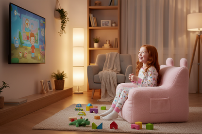 Fillette rousse sur pouf enfant rose en laine agneau